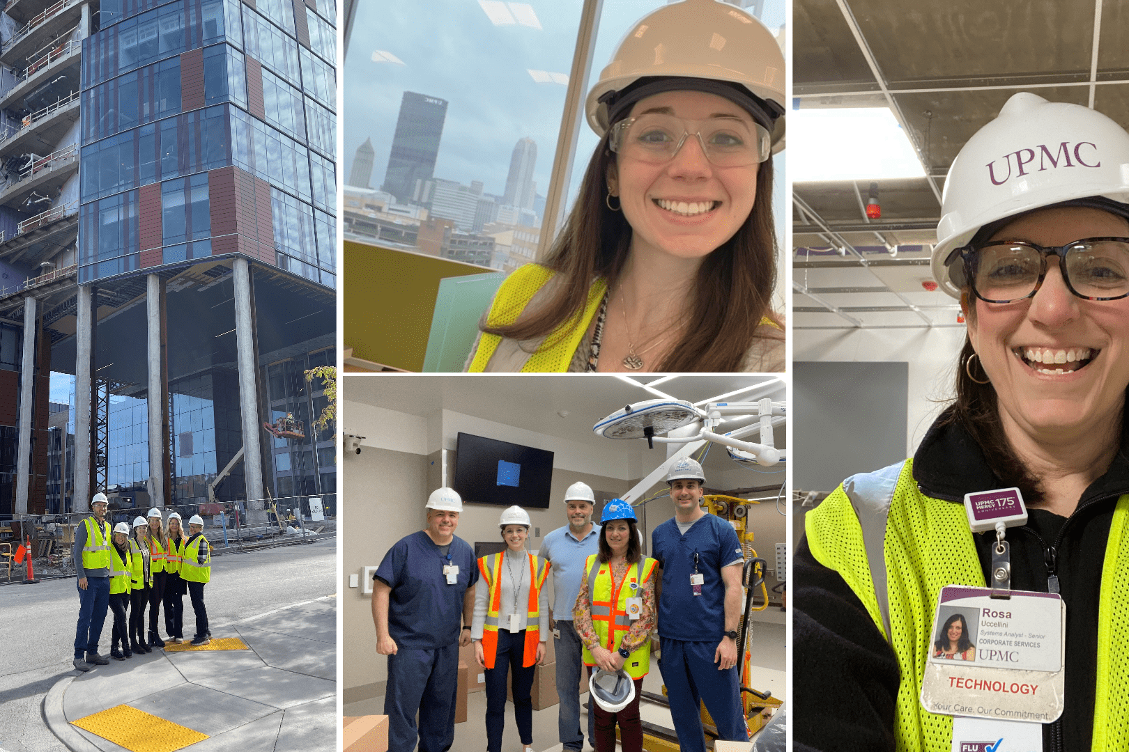 Collage of Information Technology workers outside of construction at Mercy Pavilion.