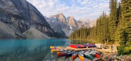 View of Lake Louise and canoes.