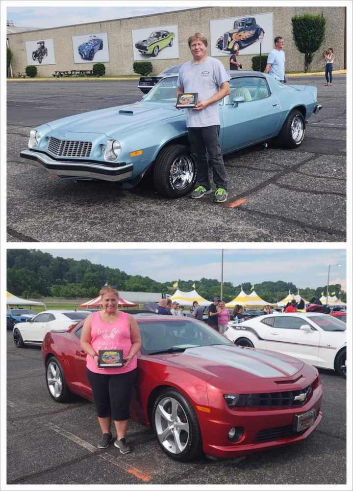 Woman with red Camaro.